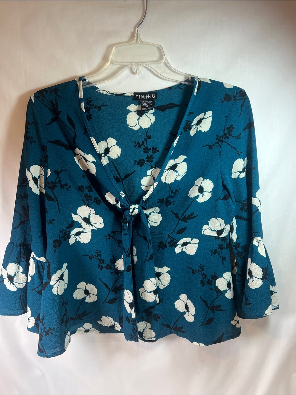 T.I.M.I.N.G Teal Floral Tie Front Bell Sleeve Blouse Size M